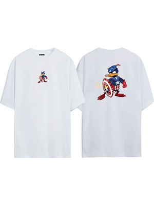 The Wert Unisex Donald Duck Kaptan Amerika Ön Arka Baskılı Beyaz Oversize T-Shirt