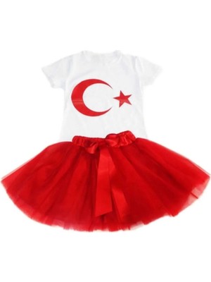 Nacar Kız Çocuk 23 Nisan 29 Ekim Gösteri Kıyafeti Desenli Kısa Kol Beyaz T-Shırt Tütü Etek Takım