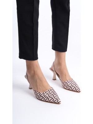 Mubiano MBLNR704-BS Kadın Arkası Açık Sivri Burun Kumaş Detay Bej/siyah Stiletto & Topuklu Ayakkabı