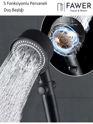 FAWER Faucet & Shower Siyah Turbo 5 Fonksiyonlu Pervaneli Duş Başlığı El Duşu