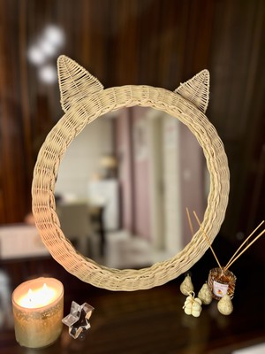 Rattan Home Design El Yapımı Kedi Kulak Rattan Ayna 57 cm