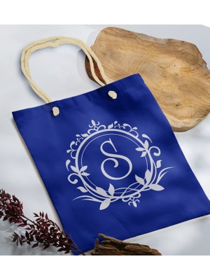 Bk Gift Kişiye Özel Harfli Saks Mavi Halat Saplı Kumaş Bez Çanta-3, Baskılı Omuz Çantası, Alışveriş Çantası