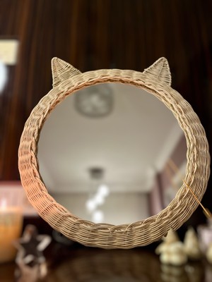 Rattan Home Design El Yapımı Kedi Kulak Rattan Ayna 57 cm