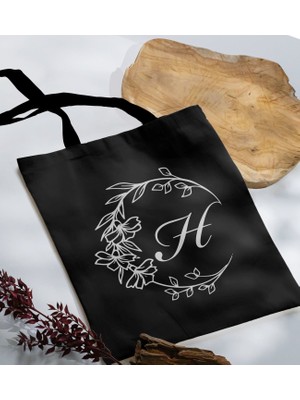 Bk Gift Kişiye Özel Harfli Siyah Kumaş Bez Çanta-4, Baskılı Omuz Çantası, Alışveriş Çantası