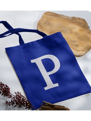 Bk Gift Kişiye Özel Harfli Saks Mavi Kumaş Bez Çanta-6, Baskılı Omuz Çantası, Alışveriş Çantası