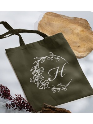 Bk Gift Kişiye Özel Harfli Haki Kumaş Bez Çanta-4, Baskılı Omuz Çantası, Alışveriş Çantası