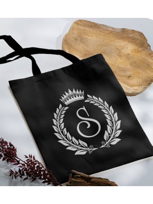Bk Gift Kişiye Özel Harfli Siyah Kumaş Bez Çanta-7, Baskılı Omuz Çantası, Alışveriş Çantası