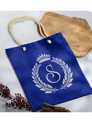 Bk Gift Kişiye Özel Harfli Saks Mavi Halat Saplı Kumaş Bez Çanta-7, Baskılı Omuz Çantası, Alışveriş Çantası