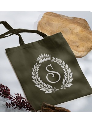 Bk Gift Kişiye Özel Harfli Haki Kumaş Bez Çanta-7, Baskılı Omuz Çantası, Alışveriş Çantası