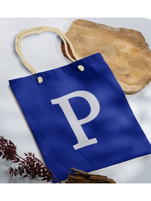 Bk Gift Kişiye Özel Harfli Saks Mavi Halat Saplı Kumaş Bez Çanta-6, Baskılı Omuz Çantası, Alışveriş Çantası