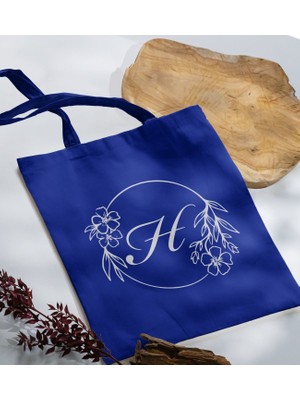 Bk Gift Kişiye Özel Harfli Saks Mavi Kumaş Bez Çanta-5, Baskılı Omuz Çantası, Alışveriş Çantası