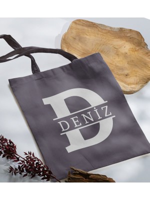 Bk Gift Kişiye Özel Harfli Antrasit Kumaş Bez Çanta-1, Baskılı Omuz Çantası, Alışveriş Çantası