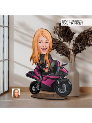Bk Gift Kişiye Özel Kadın Motorcu Karikatürlü Büyük Boy Ahşap Biblo-1, Arkadaşa Hediye , Sevgiliye Hediye, Kişiye Özel Biblolar