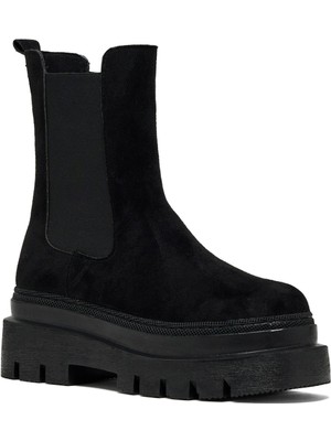 Tonny Black Kadın Siyah Süet Rahat Kalıp Yanı Lastikli Kalın Taban Bot