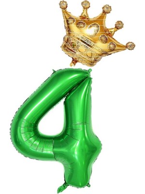 Rönesans Parti 4 Rakam Koyu Yeşil Rakam ve Kral Tacı Folyo Balon Seti