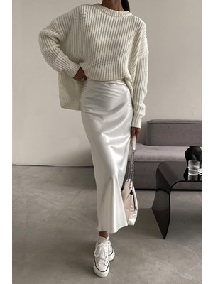 Madmext Beyaz Saten Etek Kadın Mad Girls MG1409 Uzun Model %100 Polyester