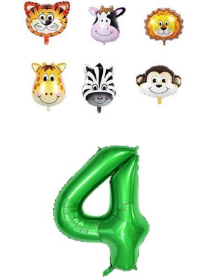 Rönesans Parti Safari Hayvanlar Temalı Yeşil Rakam Folyo Balon Seti Yaş 4