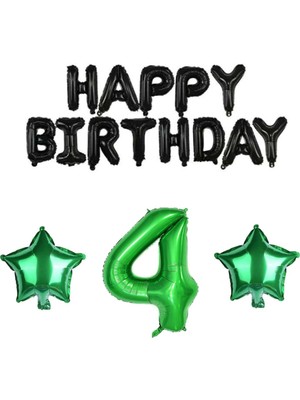 Rönesans Parti Siyah Happy Bırthday Yeşil Rakam ve Yıldız Folyo Balon Seti Yaş 4