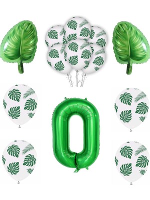 Rönesans Parti Yeşil Yaprak Baskılı Latex ve Yeşil Rakam Yaprak Folyo Balon Seti Yaş 0