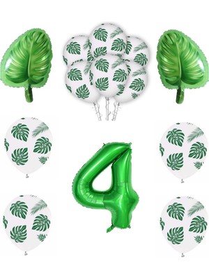 Rönesans Parti Yeşil Yaprak Baskılı Latex ve Yeşil Rakam Yaprak Folyo Balon Seti Yaş 4
