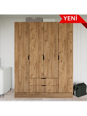 Midoser Modüler Mobilya Atlas 140 cm Çam 4 Kapılı 2 Çekmeceli Gardırop