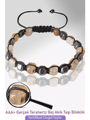Tesbih Atölyesi Sertifikalı Küp Model Bej Akik Taşı Bileklik - Ayarlamalı