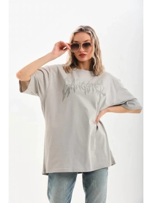 Adisia Unisex Taş Desenli Oversize T-Shirt - Gri