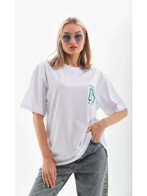 Adisia Unisex Baskılı Oversize T-Shirt - Beyaz