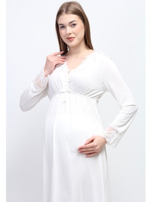 Effortt Ekru Hamile Lohusa Gecelik %85 Pamuk Emzirme Özellikli Rahat Model