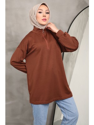 Kahverengi Yaka Fermuarlı Oysho sweatshirt