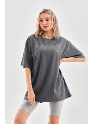 Kesa Tek  Taş Desenli Oversize T-Shirt - Füme