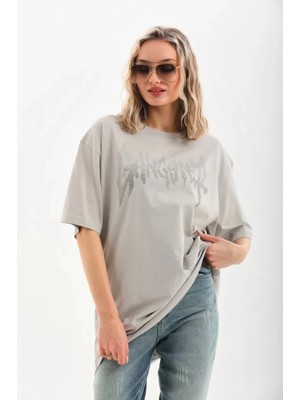 Kesa Tek  Taş Desenli Oversize T-Shirt - Gri