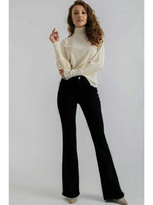 Kot Modası Vanessa Yüksek Bel Likralı Siyah Ispanyol Flare Jeans Pantolon