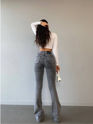 Kot Modası Flare Füme Ispanyol Paça Kot Pantolon Yüksek Bel Flare Jeans Toparlayıcı