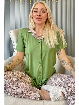 Pijama Evi Koyu Yeşil Florado Exclusive Önden Düğmeli Kısa Kollu Kadın Pijama Takımı