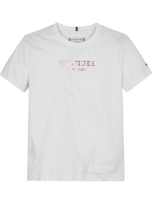 Tommy Hilfiger Düz Beyaz Kız Çocuk T-Shirt Monotype Foıl Prınt Tee S/s