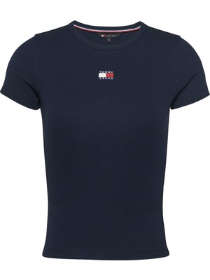 Tommy Jeans Bisiklet Yaka Düz Lacivert Kadın T-Shirt Tjw Slım Badge Rıb Tee