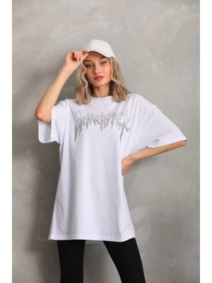 Style Of Angels Unisex Taş Desenli Oversize T-Shirt - Beyaz