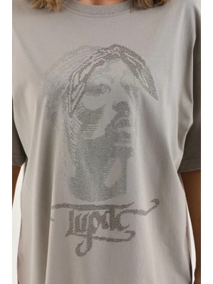 Style Of Angels Unisex Taş Desenli Oversize T-Shirt - Gri