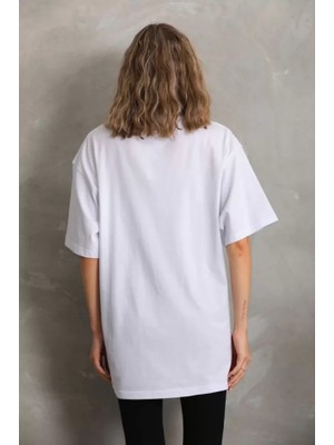 By Mino Unisex Taş Desenli Oversize T-Shirt - Beyaz