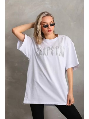 By Mino Unisex Taş Desenli Oversize T-Shirt - Beyaz