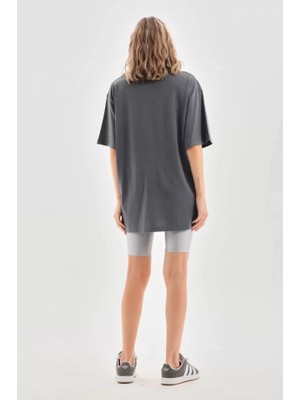 By Mino Unisex Taş Desenli Oversize T-Shirt - Füme