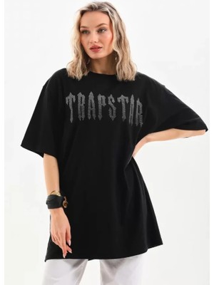 By Mino Unisex Taş Desenli Oversize T-Shirt - Siyah