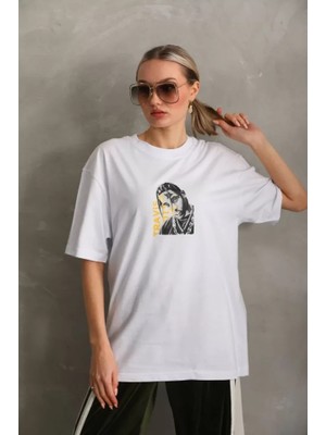 By Mino Unisex Baskılı Oversize T-Shirt - Beyaz