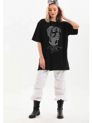 By Mino Unisex Taş Desenli Oversize T-Shirt - Siyah