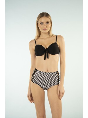 Estiva Desenli Yüksek Bel Britli Bikini Takımı - Siyah Beyaz