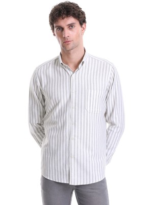 HTML Gri Slim Fit Çizgili Dik Yaka Pamuklu Uzun Kollu Casual Gömlek