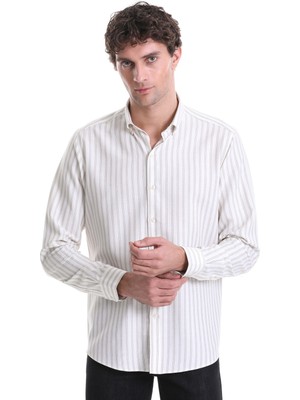 Hatemoğlu Bej Slim Fit Çizgili Dik Yaka Pamuklu Uzun Kollu Casual Gömlek
