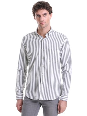HTML Lacivert Slim Fit Çizgili Dik Yaka Pamuklu Uzun Kollu Casual Gömlek