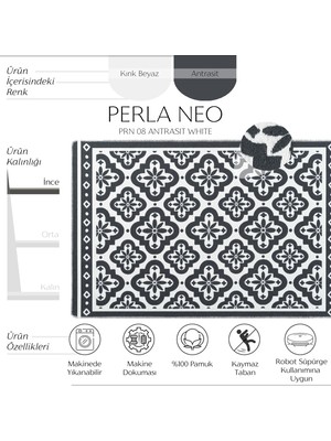 Cool Halı Perla Neo Prn 08 Antrasit White Pamuklu Banyo Balkon Kilim Makine Yıkanabilir Mutfak Kilim